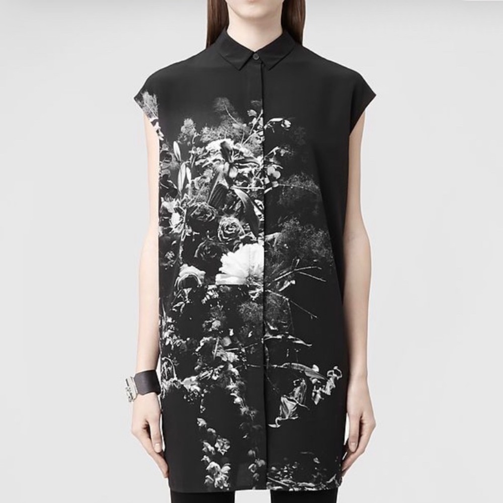 All Saints Giovia Flora Shirt Dress Black US 0 UK4